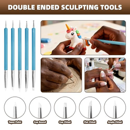 14 Pcs Pottery Clay Sculpt Tools for Sculpting Texturing | Silicone and Stainless Steel Squeegee, Detail Needle, Texture Needle, Cutting Cord, 5 Ceramic Double-Ended Pens
