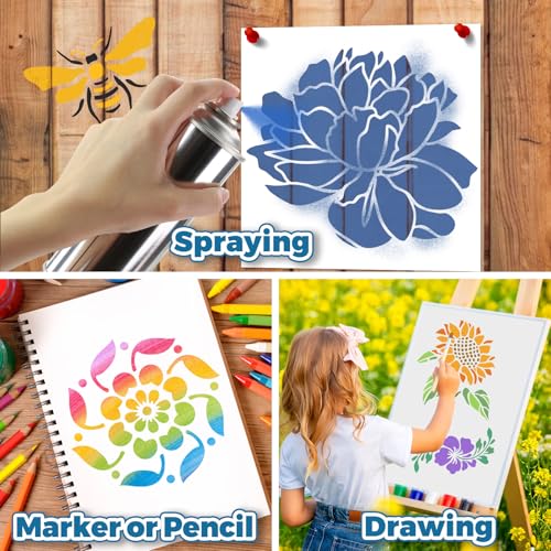 18 PCS Flower Painting Stencils Reusable Stencils for Painting on Wood Rocks Canvas Fabric Glass Pottery 6.5x6.5 Inch - style: 18PCS Flower