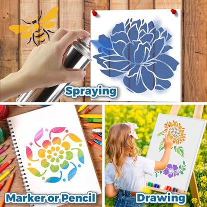 18 PCS Flower Painting Stencils Reusable Stencils for Painting on Wood Rocks Canvas Fabric Glass Pottery 6.5x6.5 Inch - style: 18PCS Flower