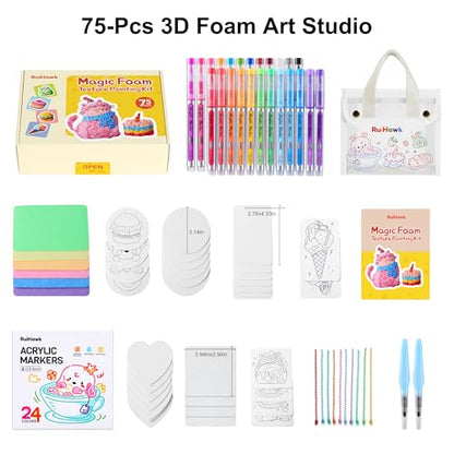 RuiHawk 3D Magic Foam Texture Painting Kit, 75 Pcs Puff Paint Art Supplies for Kids with 24 Auto-Flow Markers, 38 Texture Sheets & 10 Bead Necklace, Non-Toxic Creative Arts Crafts for Kids Ages 4-16