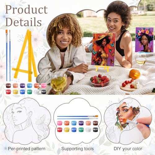 Blosssound 10 Set Pre Printed Canvas Pre Drawn Canvas Painting with Easel Kits 5" x 7" Outline Painting Panels for Beginners, DIY Craft Project, Party Favor, Home Decors(Flower Lady) - style: Flower Lady