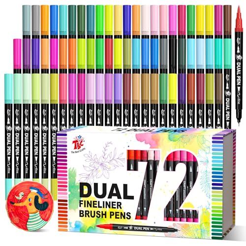 Brush Pens for Adult Coloring Books, 72 Colors Dual Tip Art Markers – Fine Tip for Outlining + Brush Tip for Coloring, Water-Based Non-Bleeding Markers for Journaling, Calligraphy, Hand Lettering - color: 72 Colors