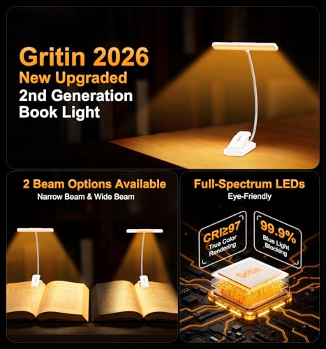 Gritin 2026 Gen 2 Book Light for Reading- 32 Eye Caring Full Spectrum LED - color: White