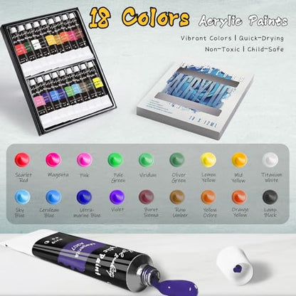 Paint Set for Kids & Adults with 18 Acrylic Paints,Canvas & Easel | 18 acrylic paints,5 canvas panels and an easel for family painting,school projects and creative weekends - color: 18color+35pcs -01