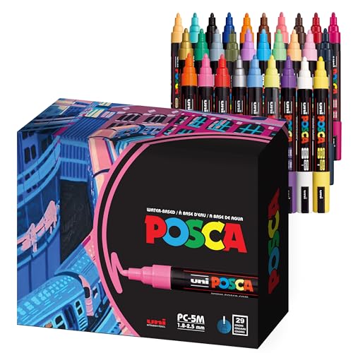 Uni Posca Paint Markers, 5M Medium Acrylic Markers with Reversible Tips, Artist Recommended For Gifts, Decorations, Fabric, Metal, Glass, Wood and Canvas, Assorted Colors, Set of 29