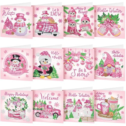Saillong 12 Pack Pink Winter Diamond Painting Greeting Card Kits Winter Diamond Art Cards with Envelopes Snowman 5D Rhinestones Painting Making Kits for Adults DIY Craft Family Friend Holiday Gifts - color: Pink Winter