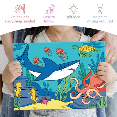 goldentime 3 Pack Kids Paint by Numbers Ages 4-8-12 Includes 8x10 inch Framed Canvas with 19 Acrylic Paints, 5 Brushes Fun and Easy Predrawn Canvas for Painting Kids - color: seaworld