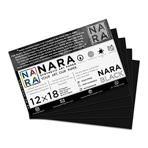 NARA Alcohol Ink Paper | Black | 12 inches x 18 inches (12”x18”) | 350 microns/360 GSM | 10 Sheets | Medium+ Paper | Paper for Alcohol Ink Art Painting | 100% Stain-Free - color: Black_Rectangle_Paper Sheets_01