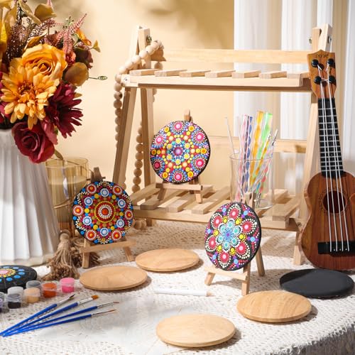 Potchen 10 Pcs Mandala Rock Painting Kit Mandala Dotting Tools Kit Wooden Rocks Dot Paint Stencils Tool Set for Adults Arts Drawing Home Decor Activity DIY Mothers Day Gift