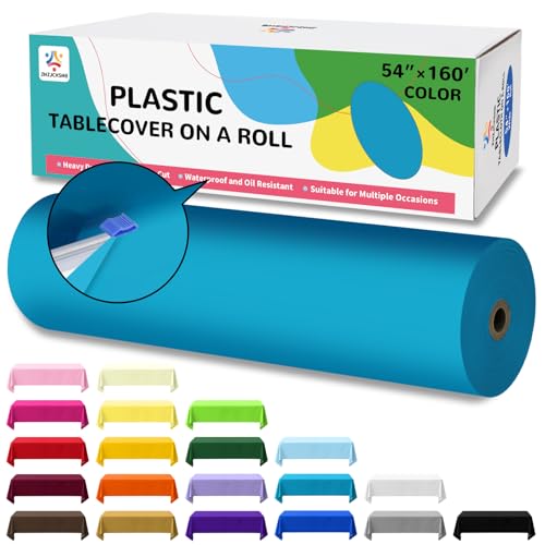 54IN X 160FT Plastic Table Cover Roll with Cutter Box, Cut to Size Plastic Table Cloths for Parties, Birthday, (Turquoise, Rectangular) - color: Turquoise, size: 1920" x 54" (Rectangular)