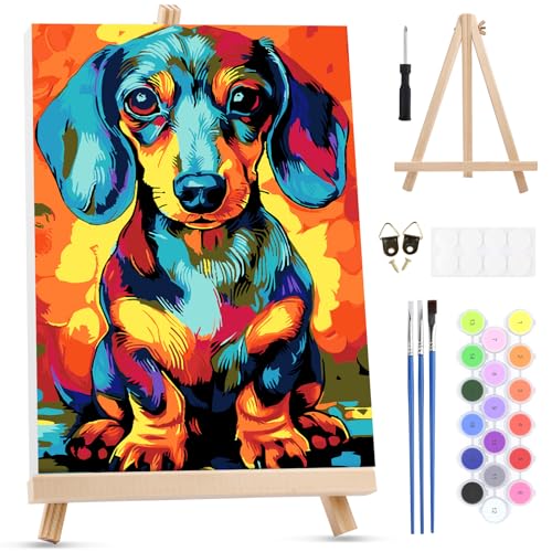 MXJSUA Dachshund Dog Paint by Numbers Kit with Frame for Adults, Animal Easy Beginners Paint by Number on Canvas with Easel, Acrylic Number Painting Craft Gifts for Home Decor, 8x12 inch - color: Dachshund Dog