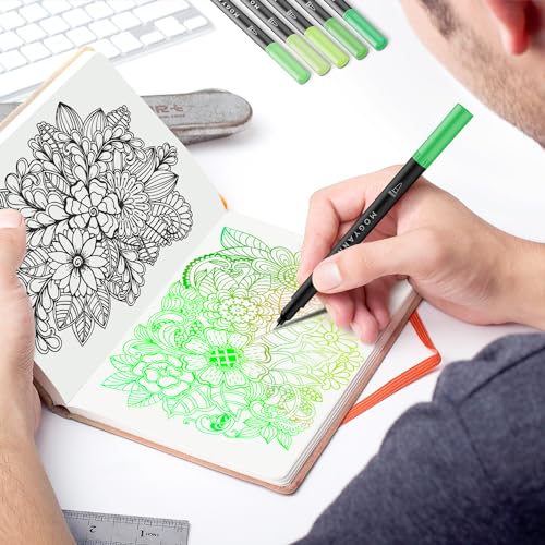 Green Markers for Coloring, Drawing Pens 12 Pack | Dual Tip, Brush Pens, Ideal for Artists, Calligraphy, Sketching - color: Green