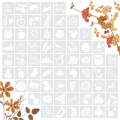 Amrules 65 Pcs Painting Stencils, Autumn Theme, 4 x 4 Inch | Plastic, Drawing Templates Set for Crafts, Reusable DIY Art Stencil, For Wood, Walls, Cards, Fabrics, Rocks, Home Decoration - style: Autumn