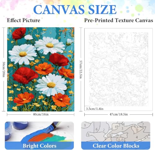 ZRIZQ Paint by Numbers Kit for Adults Beginner Flowers,Daisy,16x20 | Full set with wooden brushes,rolled canvas,rich paints.Calming activity.Beginner friendly.Just open and paint. - color: 16"X20"Rolled Canvas-Daisy Flowers