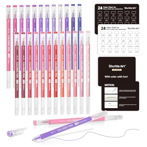 Shuttle Art Colored Pens, 24 Pink & Purple Tone Colors Cute Journal Pens 0.6mm Fine Point Colored Gel Pens for Black Paper Adult Coloring Writing Drawing Journaling Note Taking School Office Home - color: 24 Pink & Purple Tone