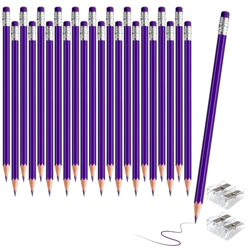 24PCS Erasable Colored Pencils with Eraser Pre Sharpened Pencil 2 HB - Ideal for Checking, Grading, Tests & Office/School Supplies (Purple) - color: purple