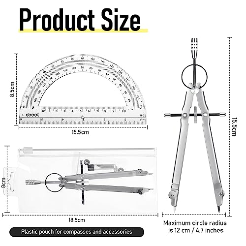 EBOOT Student Geometry Math Set, Metal Drawing Compass and 6 Inch Clear Swing Arm Protractors 180 Degree Math Protractor(Silver) - color: Silver