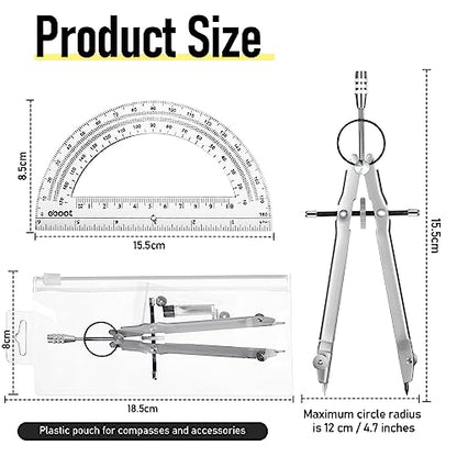 EBOOT Student Geometry Math Set, Metal Drawing Compass and 6 Inch Clear Swing Arm Protractors 180 Degree Math Protractor(Silver) - color: Silver