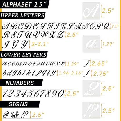 2.5 Inch Letter Symbol Stencils for Painting on Wood, 65 Pcs Alphabet Drawing Templates with Calligraphy Large Font and Cursive Letters Numbers Signs, Reusable Plastic Art Craft Stencils - size: 2.5 Inch