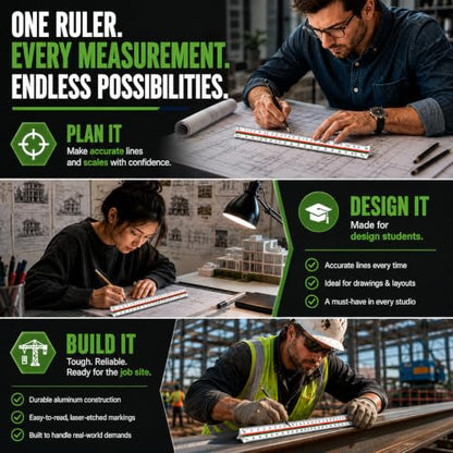 OCM 1 Triangular Architect Scale Ruler (Professional Grade Solid Aluminum) Color Coded 12 Inch Architectural Scale (Imperial Measurements) - Ideal for Architects, Engineers, Draftsman and Students