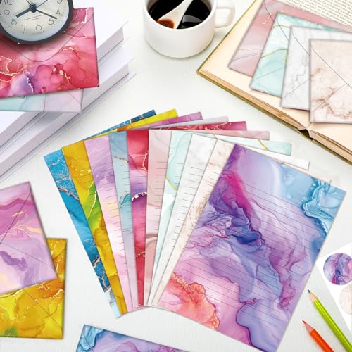 TaoBary 160 Pcs Marble Stationery Paper and Envelopes Set 50 Double Sided Lined Stationery Paper with 50 Matching Envelopes and 60 Round Dot Sticker 5.5 x 8.25'' Letter Writing Kit, 10design - size: 5.5 x 8.25 Inch, style: Marble