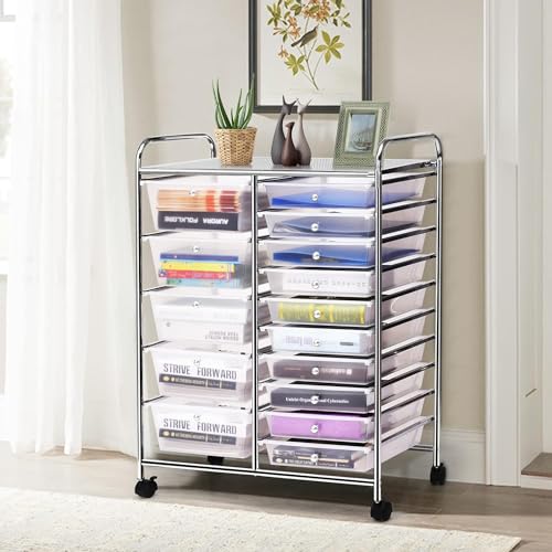 15 Drawer Rolling Storage Cart, Rolling Cart with Drawers for Classroom, Art Supply Craft Organizer on Wheel with Metal Frame & Handles for Home Office School - color: Clear, size: 15 Drawer