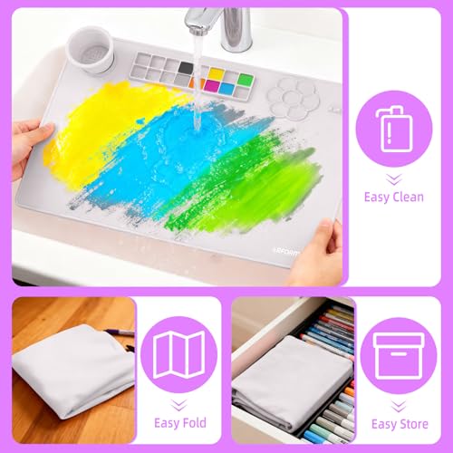 Silicone Painting Mat, 23.6x15.8in Art Craft Mat with Brushes | For watercolor resin clay DIY art use, waterproof table protection painting station with cup palette, 3 brushes, purple - color: Purple