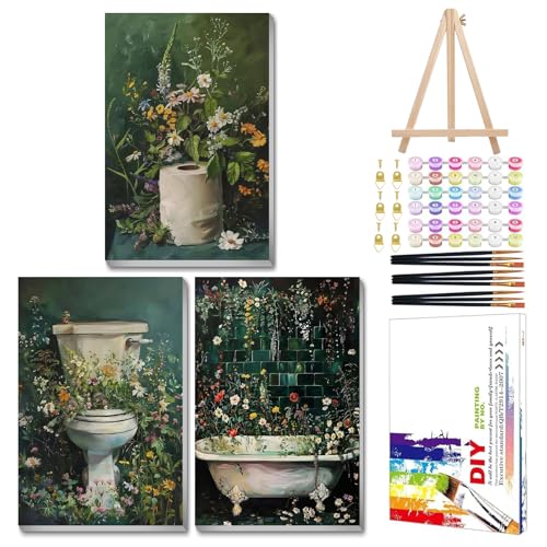Mandun Bathroom Paint by Numbers Kit for Adults, 3 Pack, 7.8x11.8 inch | DIY Painting Kits Crafts for Adults, Relieve Stress, Frame Canvas, Wooden Easel, Gift Box, Home Wall Decor - color: 3 Pack Bathroom Flowers