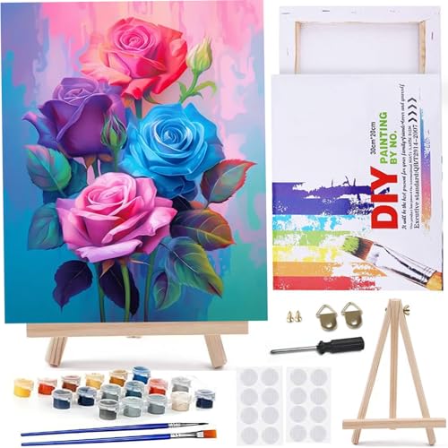 MaiMMaledy Paint by Numbers Kit for Adults Beginners Canvas Pictures with Framed Drawing Painting Acrylic Pigment with Wooden Triangle Easel Rose 8Wx12L inch - color: Rose, size: Rose 12x8inch