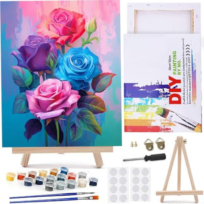 MaiMMaledy Paint by Numbers Kit for Adults Beginners Canvas Pictures with Framed Drawing Painting Acrylic Pigment with Wooden Triangle Easel Rose 8Wx12L inch - color: Rose, size: Rose 12x8inch