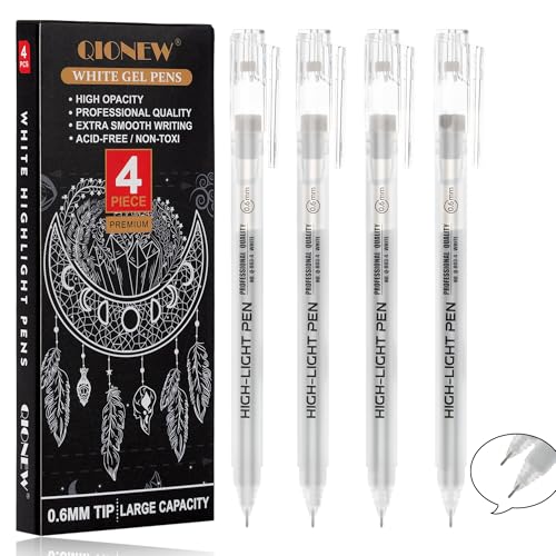 Qionew 0.6mm Fine Point White Gel Pens, 4 Pcs White Gel Pen Set for Artists | White Pens for Artists Drawing, Adult Coloring Books, Opaque White Ink for Black Paper,Sketching, Bullet Journaling - size: 1 Count (Pack of 4), style: White