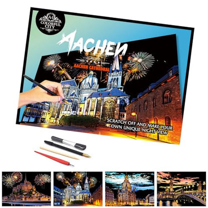 Iskueal Scratch Art for Adults (4 Sheets A4),Family Creative DIY Painting Papers for Travel Lovers,Craft Lovers|Creative Scratch Art Adult (Aachen Germany) - color: (Aachen Germany)