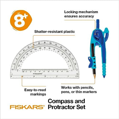 Fiskars 2-Piece Plastic Compass & Protractor Set, Color May Vary | Math Geometry Kit for Kids 8+, Back to School Supplies, Includes Pencil