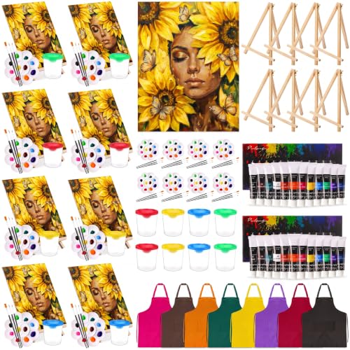 Cholemy 8 Set Paint and Sip Kit for Adults 8'' x 10'' Pre Drawn Canvas with Wooden Easels Acrylic Paint Brushes Wash Cup Palette Apron for Painting DIY Date Night Party Supplies(Sunflower Woman) - style: Sunflower Woman