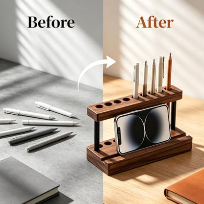 Pencil & Pen Holder for Desk, Solid Walnut Pen Display Stand with 9 Slots and Cell Phone Holder, Aesthetic Pen Organizer for Minimalist Office Desk Decor