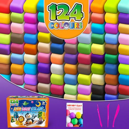 Air Dry Clay, 124 Colors Modeling Magic Clay for Kids | Includes Tools, Soft & Ultra Light, Ages 3-8+ Years, Boys & Girls - color: 124 Colors