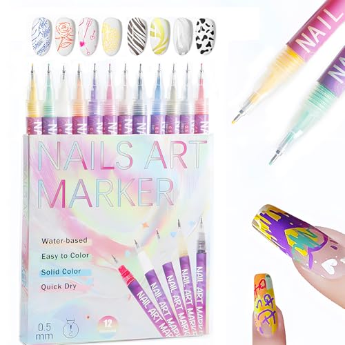 12 Colors Nail Art Pens, 0.5mm Fine Tip Nail Art Makers for DIY Nail Art, Detailing & Decoration, Intricate Line Drawing, Dotting & Nail Art, Salon Home Nail DIY Kit - color: Multicolor B