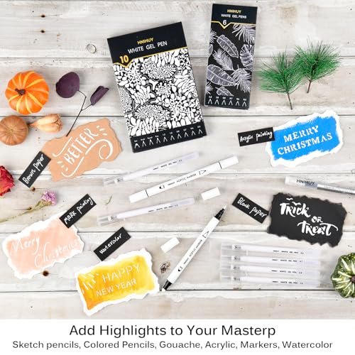 White Pens Set, White Gel Pens, Dual-Tip Acrylic Paint Pen | 6 Size Opaque Gel Ink Pen Brush Tip Acrylic Markers for Drawing, Sketching, Illustration, Card Making, Bullet Journaling - size: 10