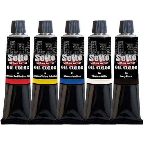 Soho Urban Artist Oil Paint Basic Set of 5-50 mL Tubes, Triple-Milled Oils with Refined Linseed - Smooth Application, True Color Mixes, Ideal for Brushes & Palette Knives - color: Basic Set, size: 1.69 Fl Oz (Pack of 5)