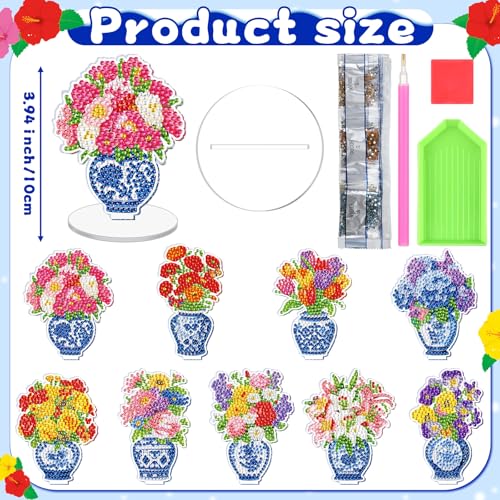 Kosiz 9 Pcs Chinoiserie Flower Diamond Painting Tabletop Decoration, Double Sided Acrylic Porcelain Diamond Art Kit for Adult, DIY 5D Rhinestone Blue White Flower Centerpiece for Table Home Desk Decor - style: Chinoiserie