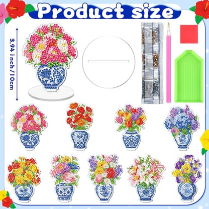 Kosiz 9 Pcs Chinoiserie Flower Diamond Painting Tabletop Decoration, Double Sided Acrylic Porcelain Diamond Art Kit for Adult, DIY 5D Rhinestone Blue White Flower Centerpiece for Table Home Desk Decor - style: Chinoiserie