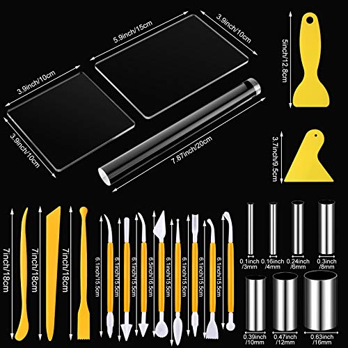 Honoson 23 Pcs Clay Sculpting Tools Set with Roller Cutters,Yellow | Acrylic Mat, Metal Round Cutters, Scraper Board, Ideal for Polymer Clay Crafts, Art Sculpting, Shaping and Modeling Projects - color: Yellow