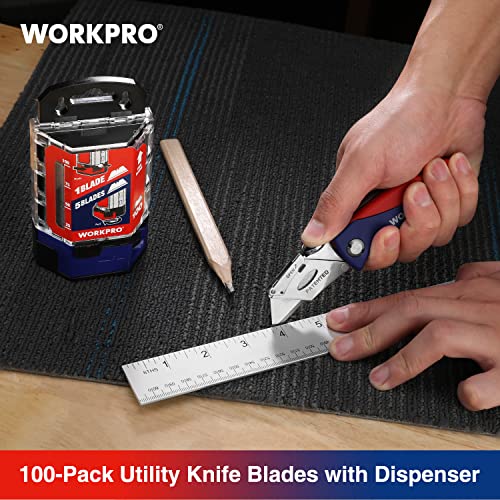 WORKPRO 100-Pack Utility Knife Blades | Utility Blades Replacement with Dispenser, SK5 Carbon Steel, Red - style: SK5(red)