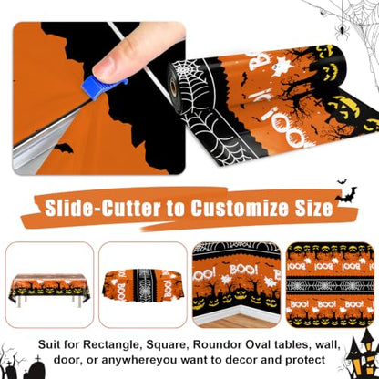 54IN X 160FT Halloween Plastic Table Cover Roll with Cutter Box, Cut to Size Plastic Table Cloths for Parties, Birthday, (BOOI Spider Web) - color: Booi Spider Web, size: 1920" x 54" (Rectangular)