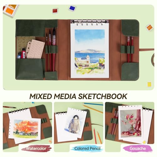 Lightwish Watercolor Pad - A5 20 Sheets 100% Cotton 300GSM Hot Press Paper | Detachable with Backing Board | All-in-One Travel Watercolor Journal with Brush Holders & Storage Pockets - color: Green