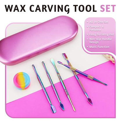 YETOOME 6 Pcs Wax Carving Tool Set with 5 ml Silicone Container and Portable Pink Metal Case, Double-Ended Carving Tool Stainless Steel Wax Sculpting Tools for Wood, Wax, Clay, Pottery, Rainbow Color