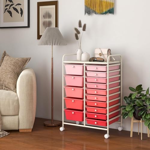 15 Drawer Rolling Storage Cart, Rolling Cart with Drawers for Classroom, Art Supply Craft Organizer on Wheel with Metal Frame & Handles for Home Office School - color: Gradient Pink, size: 15 Drawer