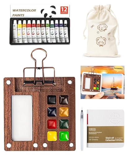 Pocket Artist Watercolor Travel Paint Palette, Mini Wooden Kit with Clip - color: 12 Colors 8 Grid Set