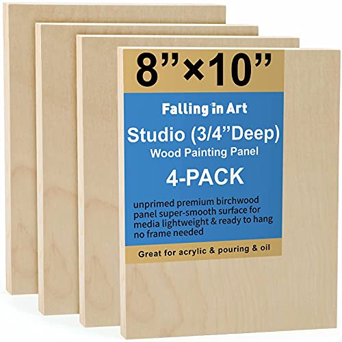 4 Pack 8x10’’ Unfinished Birch Wood Panels Kit for Painting | Studio 3/4’’ Deep Wooden Canvas, Cradle Boards for Acrylic Pouring, Art, Crafts, Epoxy Resin, Laser Engraving Cutting - size: 8'' x 10'' Studio