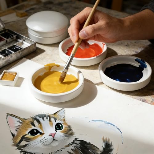 2 Pack Ceramic Watercolor Palette 5 Layers Mixing Trays Set Round Porcelain Watercolor Palettes Sauce Dishes with Lid for Gouache Pigment Chinese Ink Mixing (White)